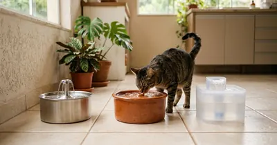 Bebedouros de inox, cerâmica e plástico lado a lado no chão da cozinha, com um gato bebendo no de cerâmica