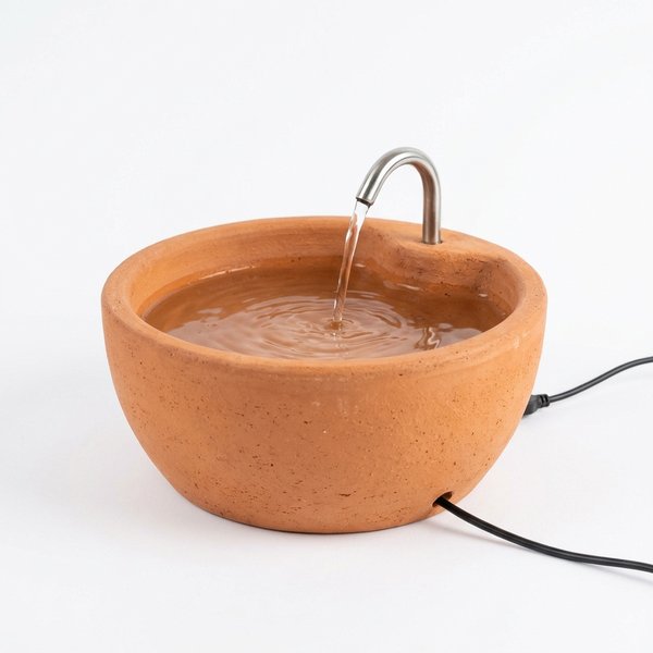 Ilustração de uma fonte de barro terracota, baixa e redonda, com bica curva de inox