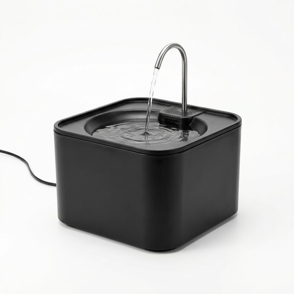 Ilustração de uma fonte de plástico preta e quadrada para gato, com bica curva de inox