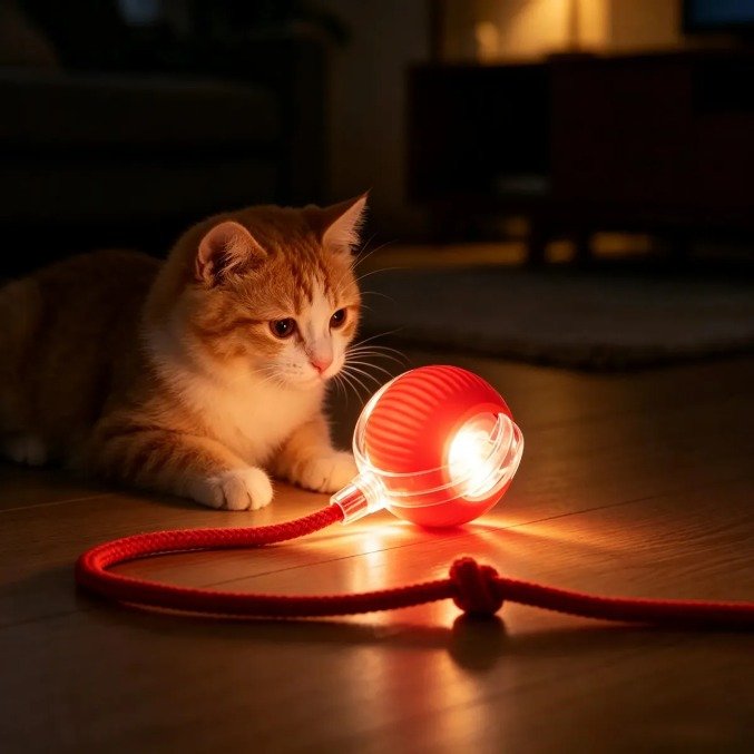 Bola automática vermelha com luz LED acesa e cordinha vermelha, ao lado de um gato laranja deitado no chão