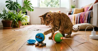 Gato brincando com dois brinquedos interativos: um aberto com pilhas AA ao lado e outro carregando por cabo USB