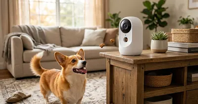 Cachorro recebendo petisco de dispensador automático controlado por aplicativo