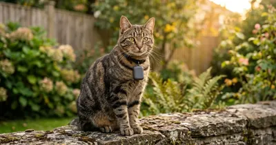 Gato tigrado sentado em muro de jardim usando coleira fina com rastreador GPS