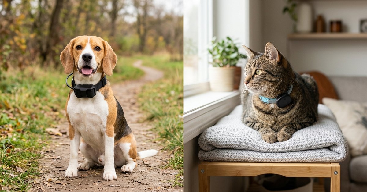 Comparação entre coleira GPS robusta usada por cão ao ar livre e dispositivo menor e mais leve usado por gato em ambiente interno