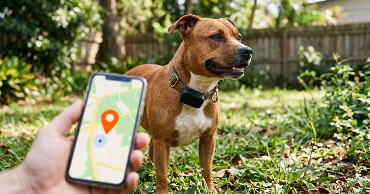 Dono consultando a localização do cão em tempo real pelo app, com o animal usando coleira GPS ao fundo