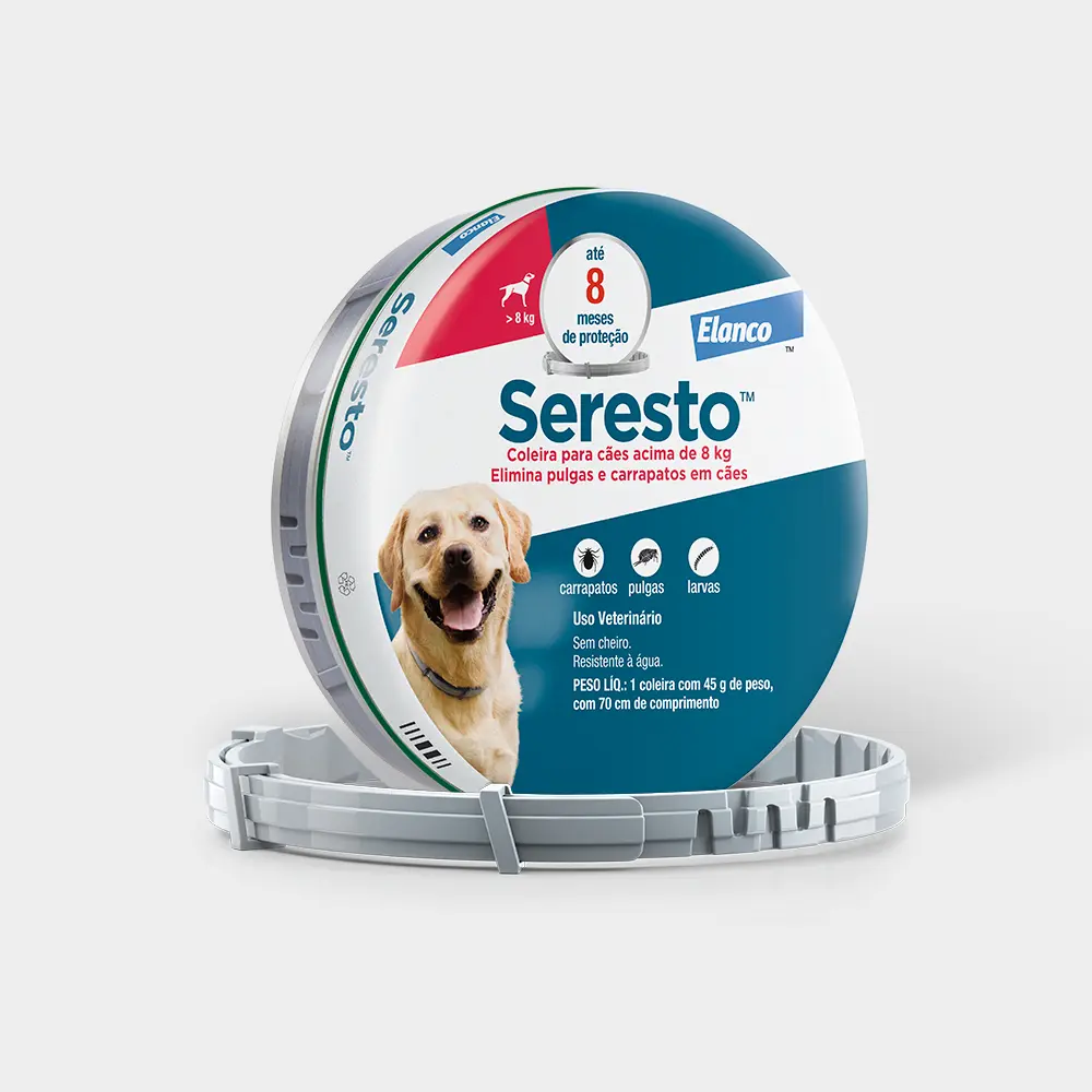 Embalagem da coleira antipulgas e carrapatos Seresto da Elanco para cães acima de 8kg