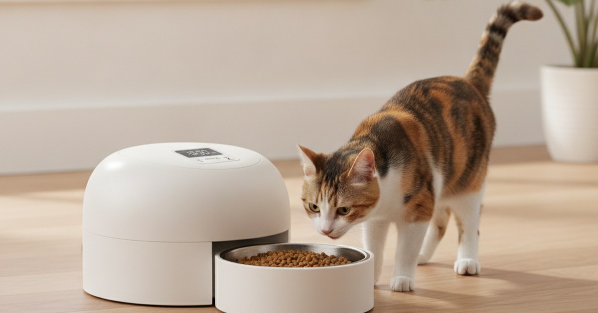 Comedouro automático branco com display digital, pote de ração cheio, e um gato tricolor se aproximando para comer