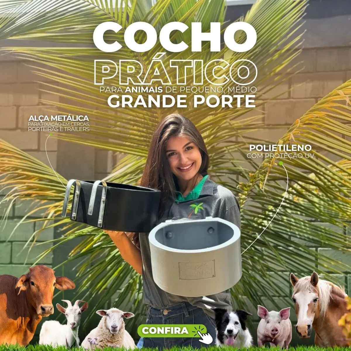 Detalhe do suporte metálico do comedouro para cachorro fixado em estrutura tipo baia