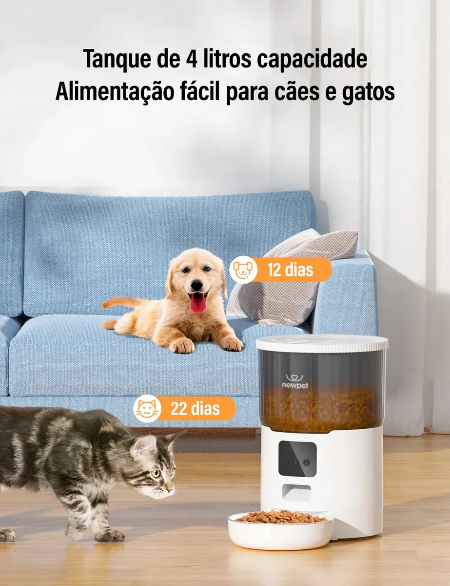 Detalhe do comedouro automático Newpet 4L App mostrando o reservatório de ração