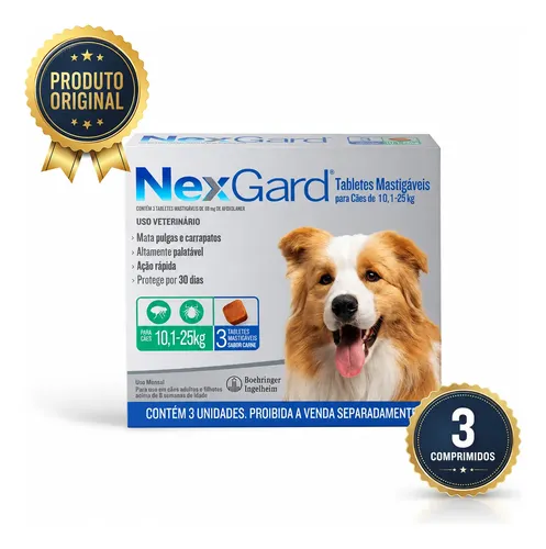 Caixa de NexGard tabletes mastigáveis para cães de 10,1 a 25kg, 3 comprimidos