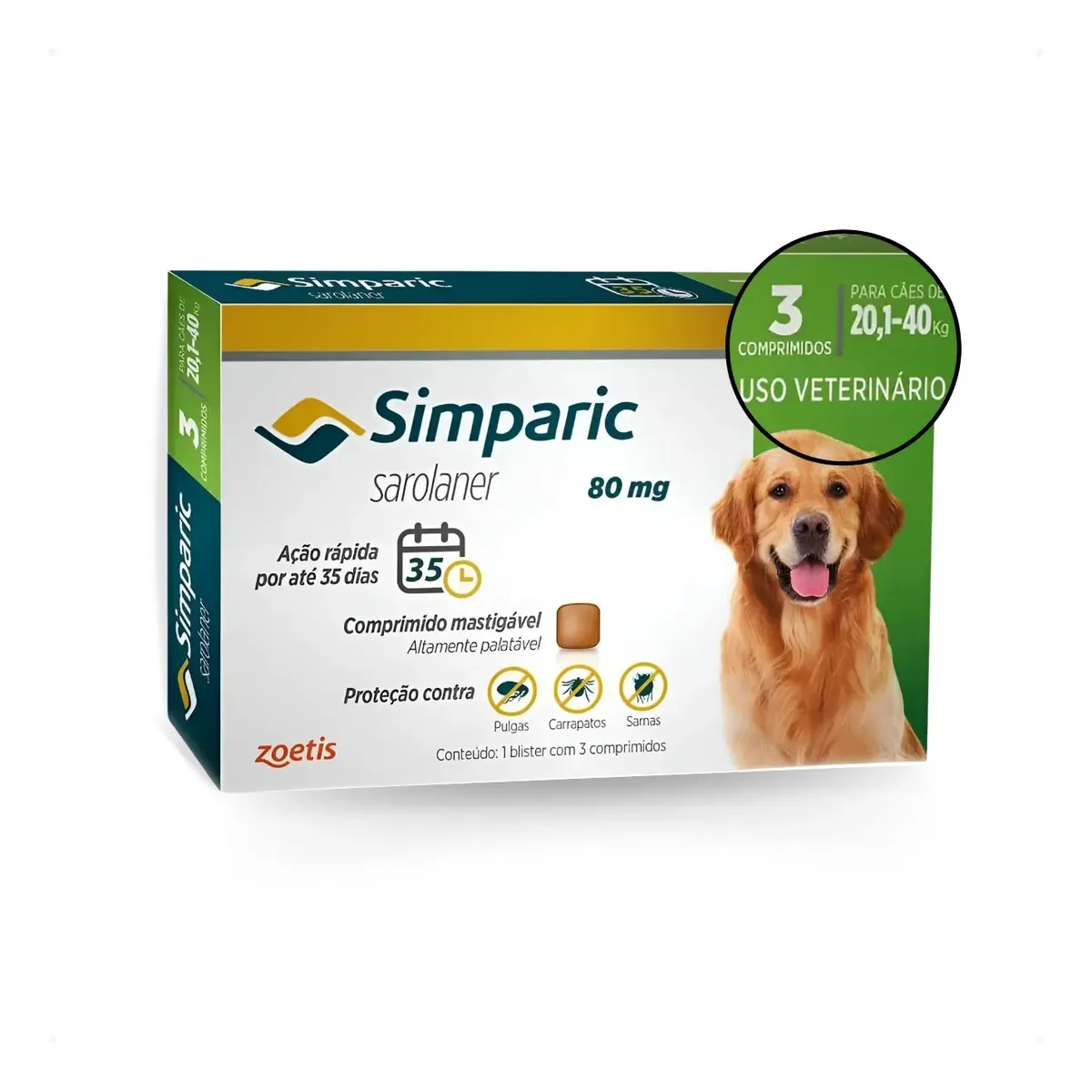 Caixa de Simparic 80mg, antipulgas e carrapatos para cães de 20,1 a 40kg