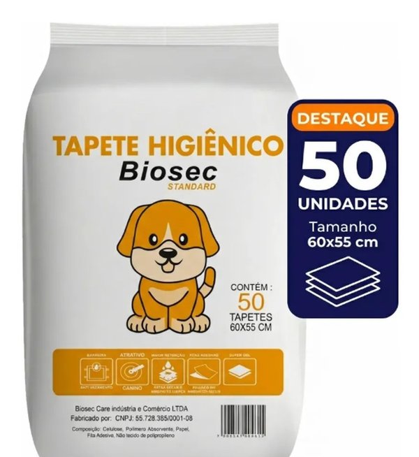 Embalagem do Tapete Higiênico Biosec Standard com 50 unidades, tamanho 60x55cm, destacando gel absorvente e fitas adesivas