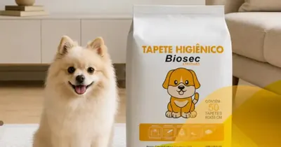 Spitz alemão ao lado de uma embalagem de tapete higiênico Biosec, ilustrando o tamanho do produto
