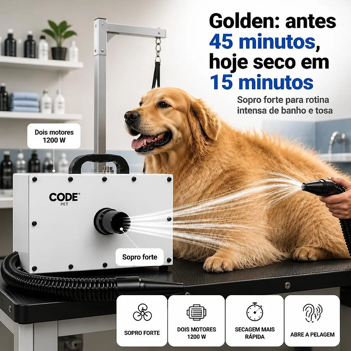 Soprador para pet de dois motores secando o pelo de um Golden Retriever deitado sobre mesa de tosa, com jato de ar visível saindo do bico do aparelho