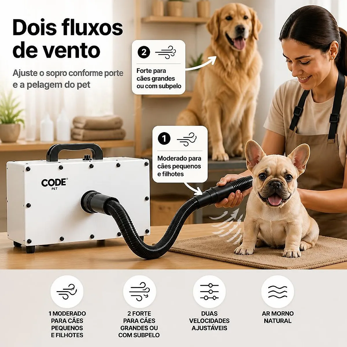 Tutora usando o soprador para pet com cuidado, direcionando o bico a distância segura da pele de um Golden Retriever e de um Buldogue Francês filhote