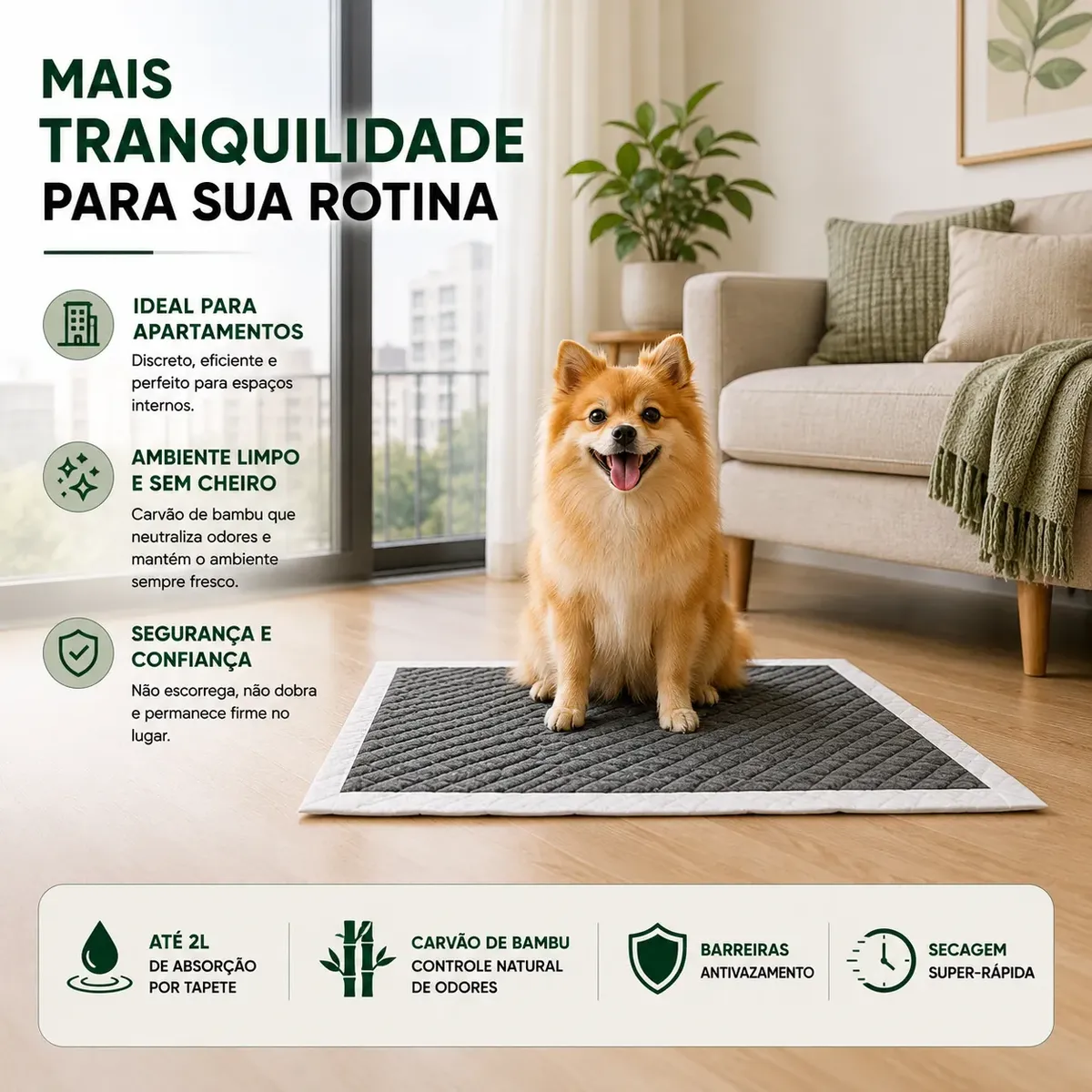 Cachorro pequeno sentado sobre tapete higiênico cinza em apartamento