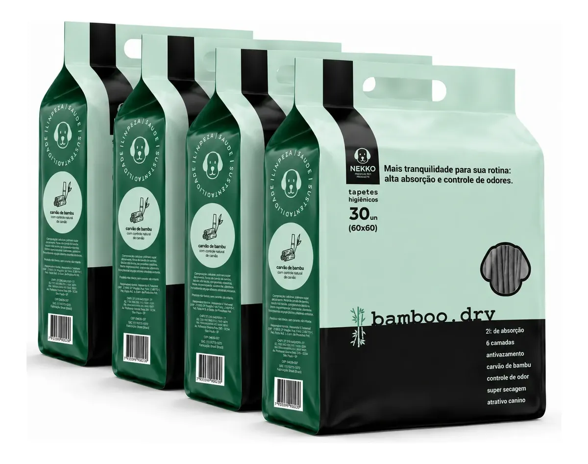Quatro pacotes do tapete higiênico Bamboo.dry Nekko, kit com 30 unidades de 60x60 cm cada