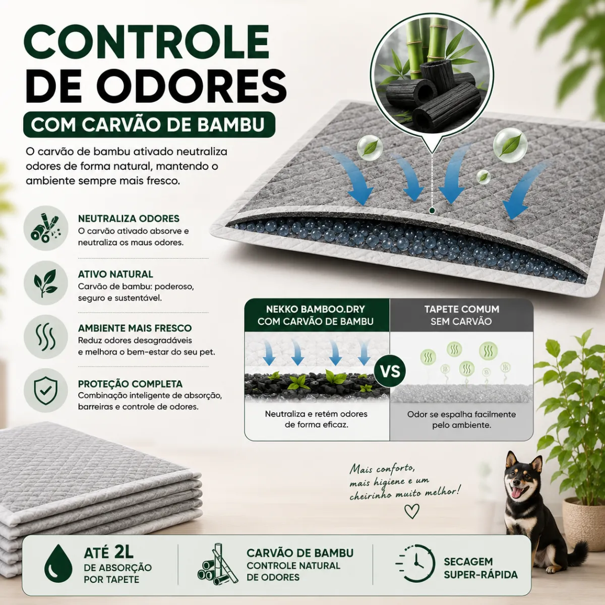 Ilustração comparando tapete com carvão de bambu, que neutraliza odores, e tapete comum, onde o odor se espalha pelo ambiente